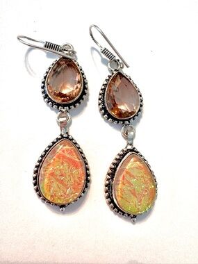 2 inch, 925 marked, Triplet Opal and Morganite earrings.